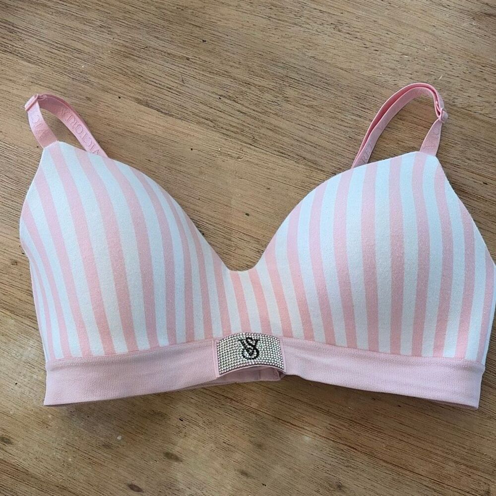 Victoria's Secret rhinestone center pink white striped lace bra underwire 34D